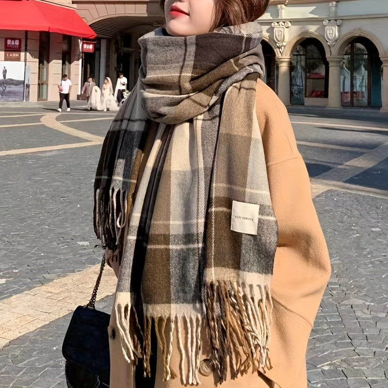 Men's Warm Fringe Hem Plaid Scarf for Winter Cold Weather Accessories