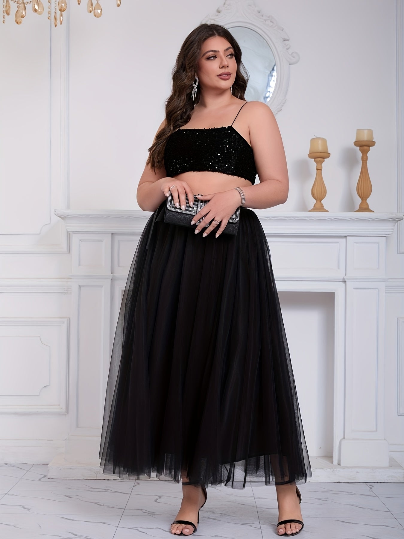Plus Size Women's Elegant Black Tulle A-Line Skirt With Slit for Formal Wear
