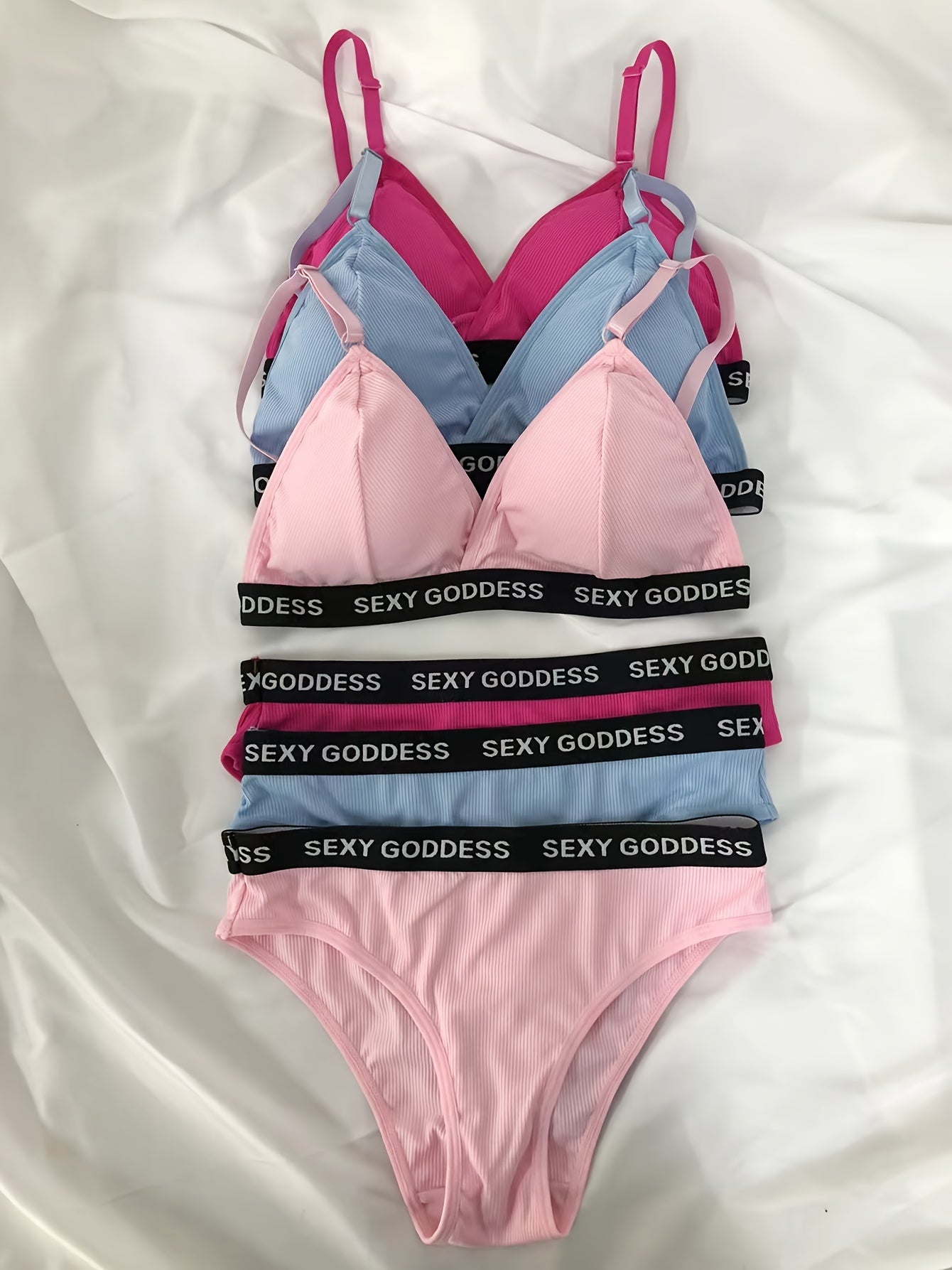 Women’s Letter Print Lingerie Set with Wireless Bra and Ribbed Panties