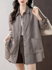 Ayollar uchun jigarrang va oq chiziqli uzun qoʻl qattiq kundalik kofta