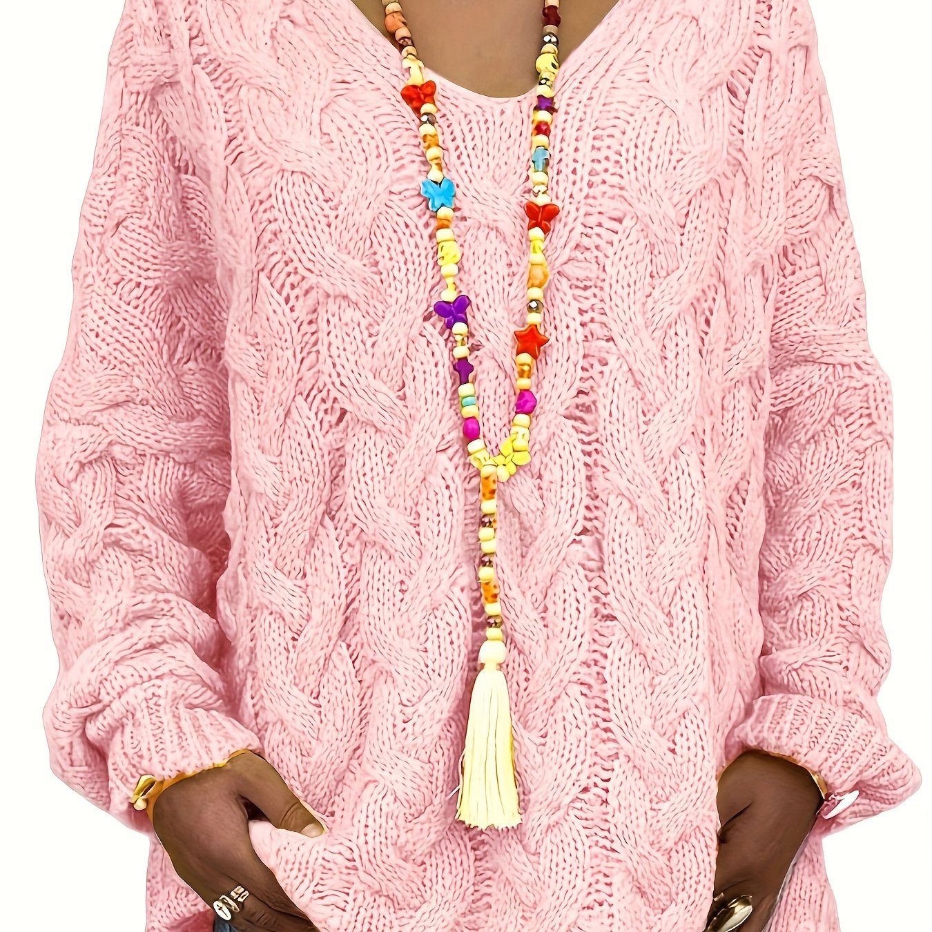 Женский вязаный свитер с капюшоном больших размеров, с длинными рукавами, V-образным вырезом, пуловер