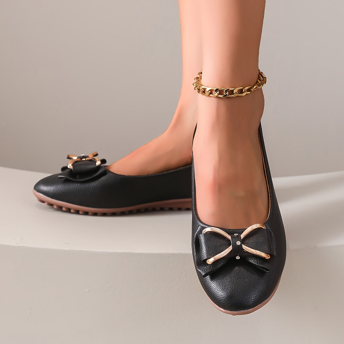 Women's White Ballet Flats with Gold Bow Synthetic Slip-On Casual Shoes