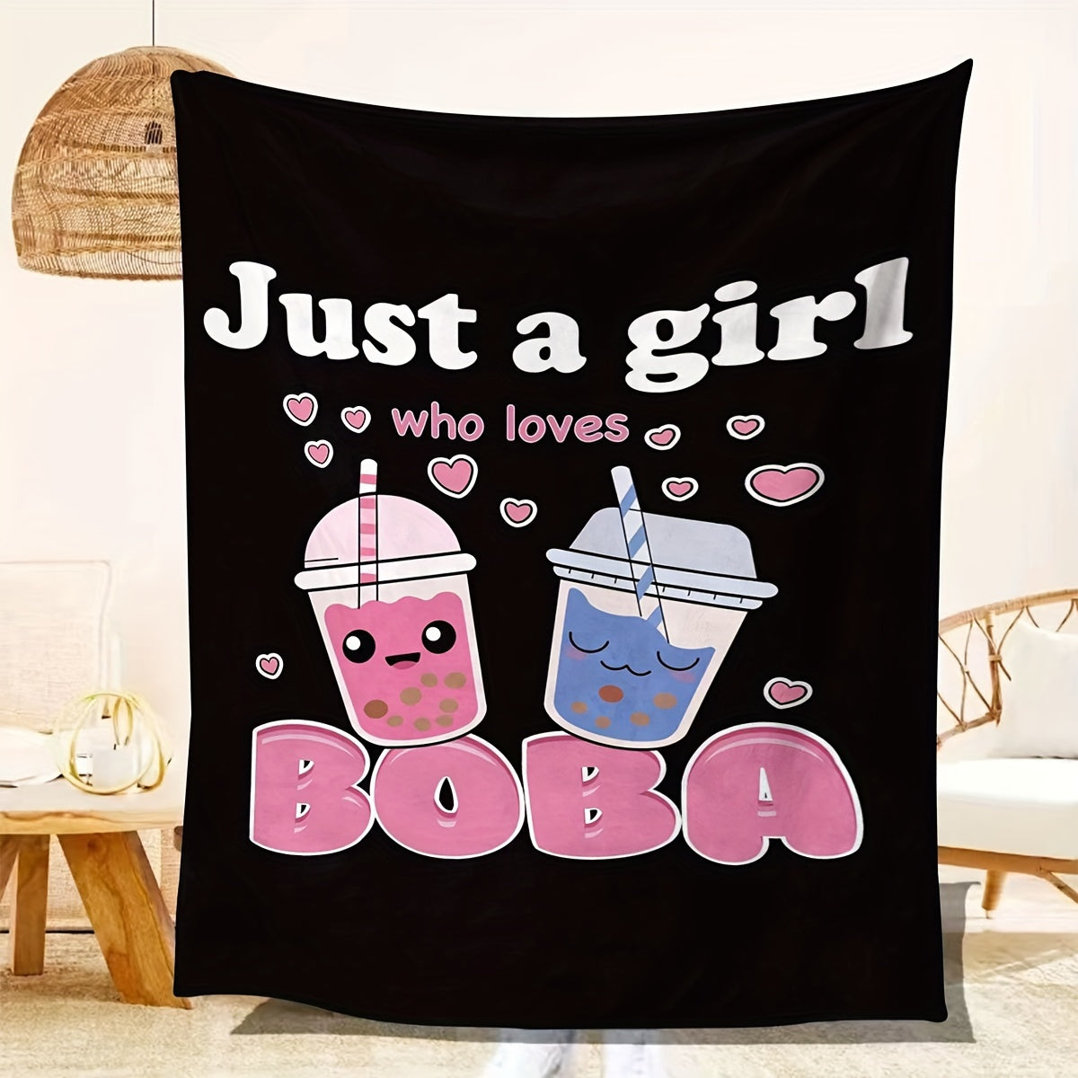 Anime Boba Milk Tea Fleece Blanket for Girls Soft Plush Flannel Bed Chair Throw