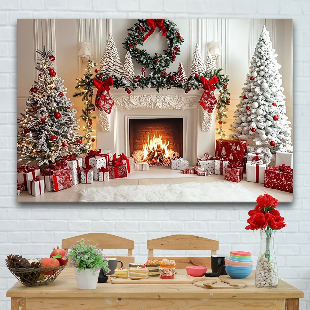 Christmas Fireplace Backdrop Polyester Holiday Photo Booth Decor
