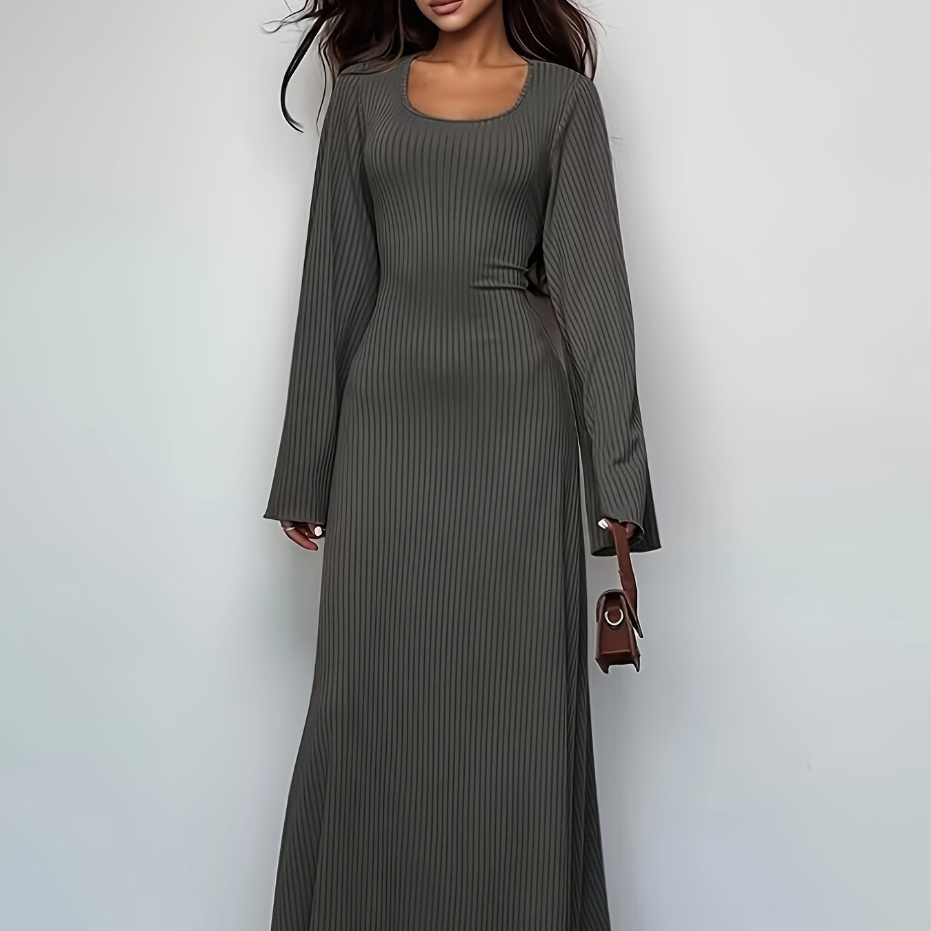 Women's Solid Color Ribbed Knit Dress with Long Bell Sleeves and Back Tie