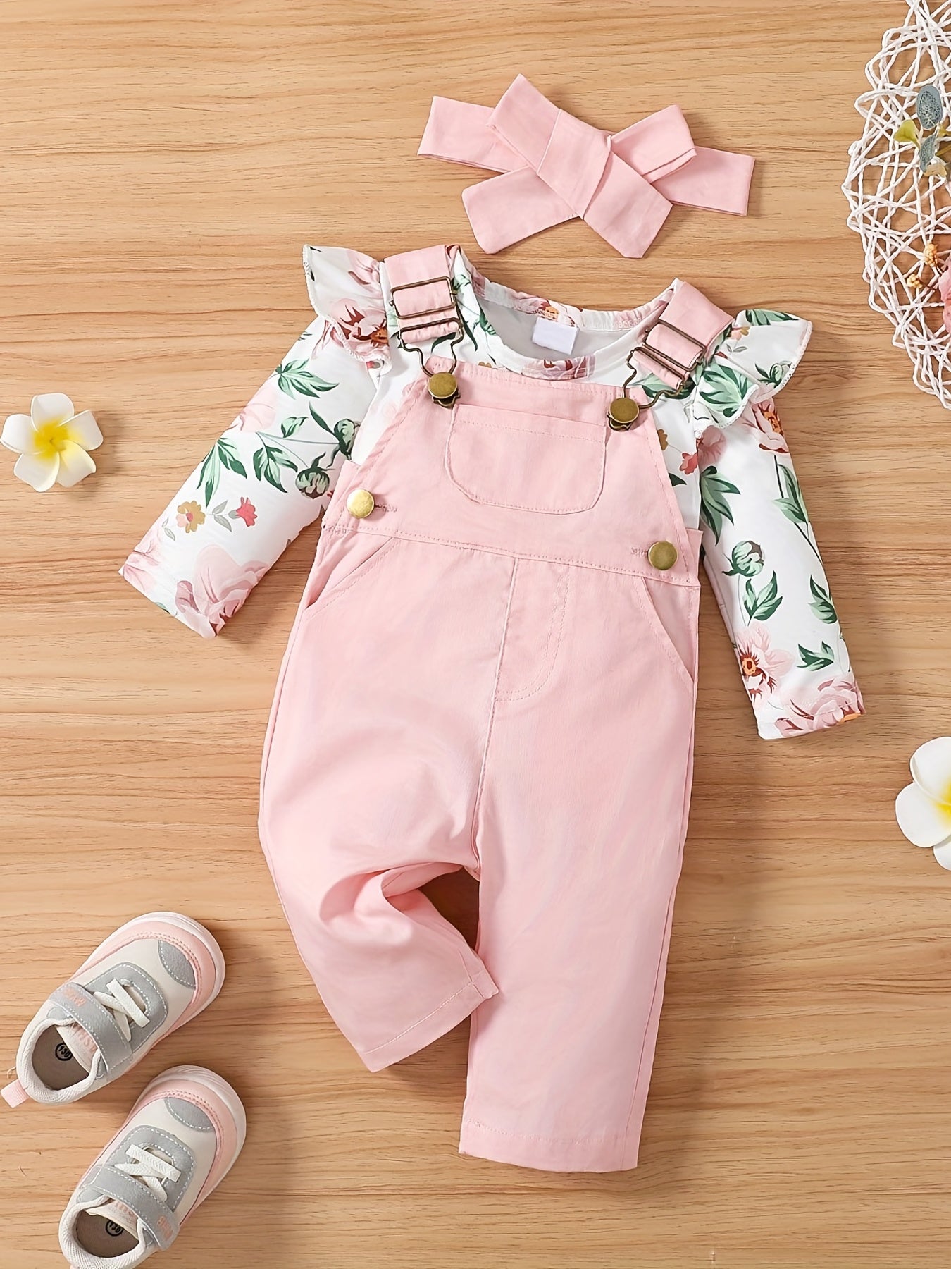 Girls Cotton Outfit Set with Floral Ruffle Romper and Adjustable Strap Pants