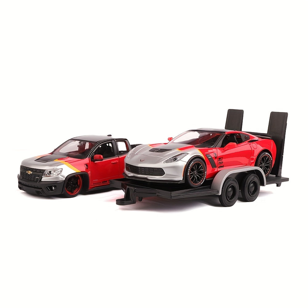 Juego de coches de juguete de aleación roja a escala 1:24 para niños con camiones y corvettes