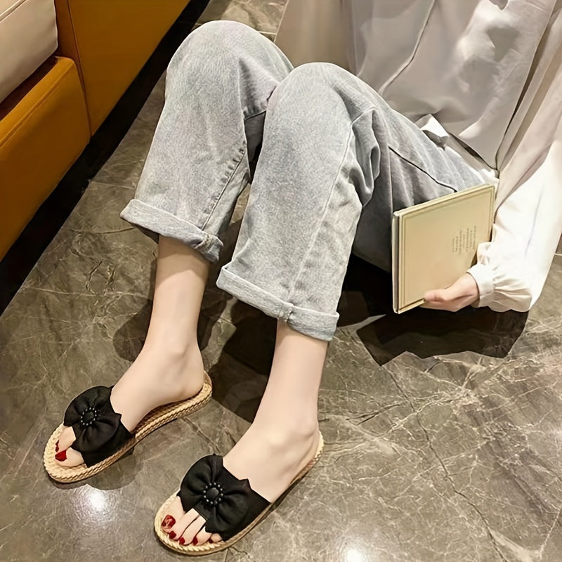 Women's PVC Slip-On Sandals with Bow and Bead Accents Open Toe Flat Heel Beach Wear