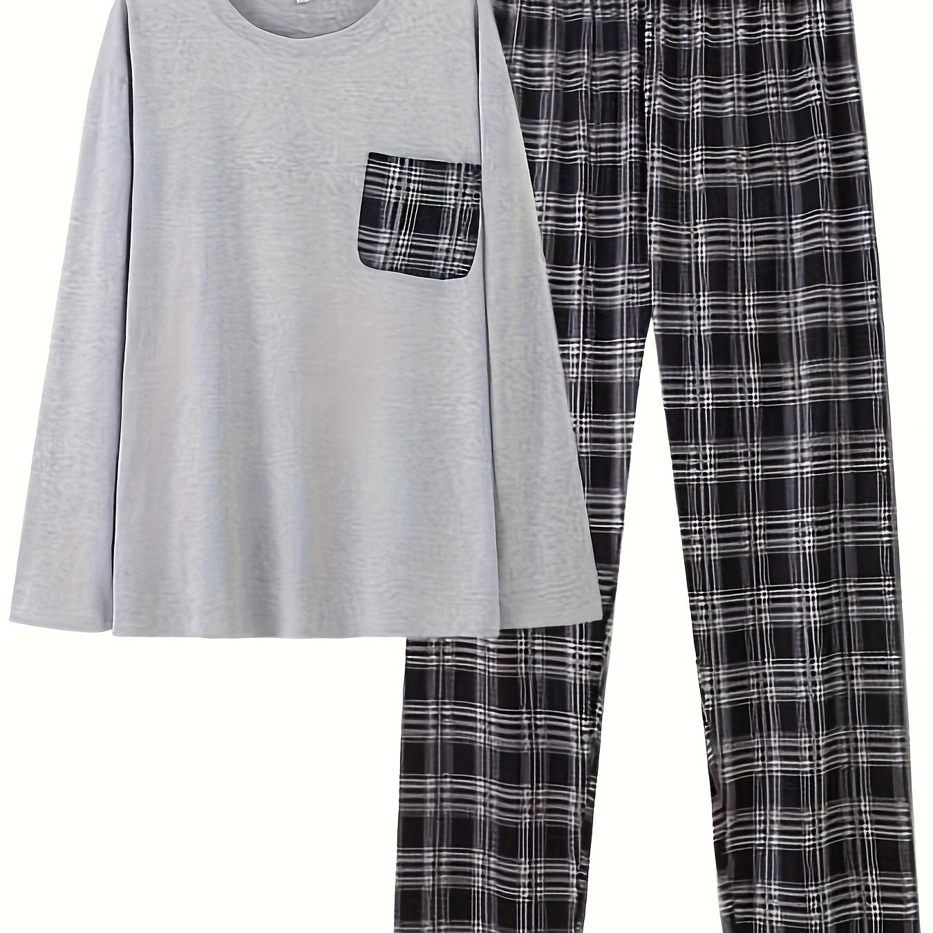 Men's Sleepwear Set Long Sleeve Crew Neck Top and Plaid Pants All-Season Knit Polyester Spandex