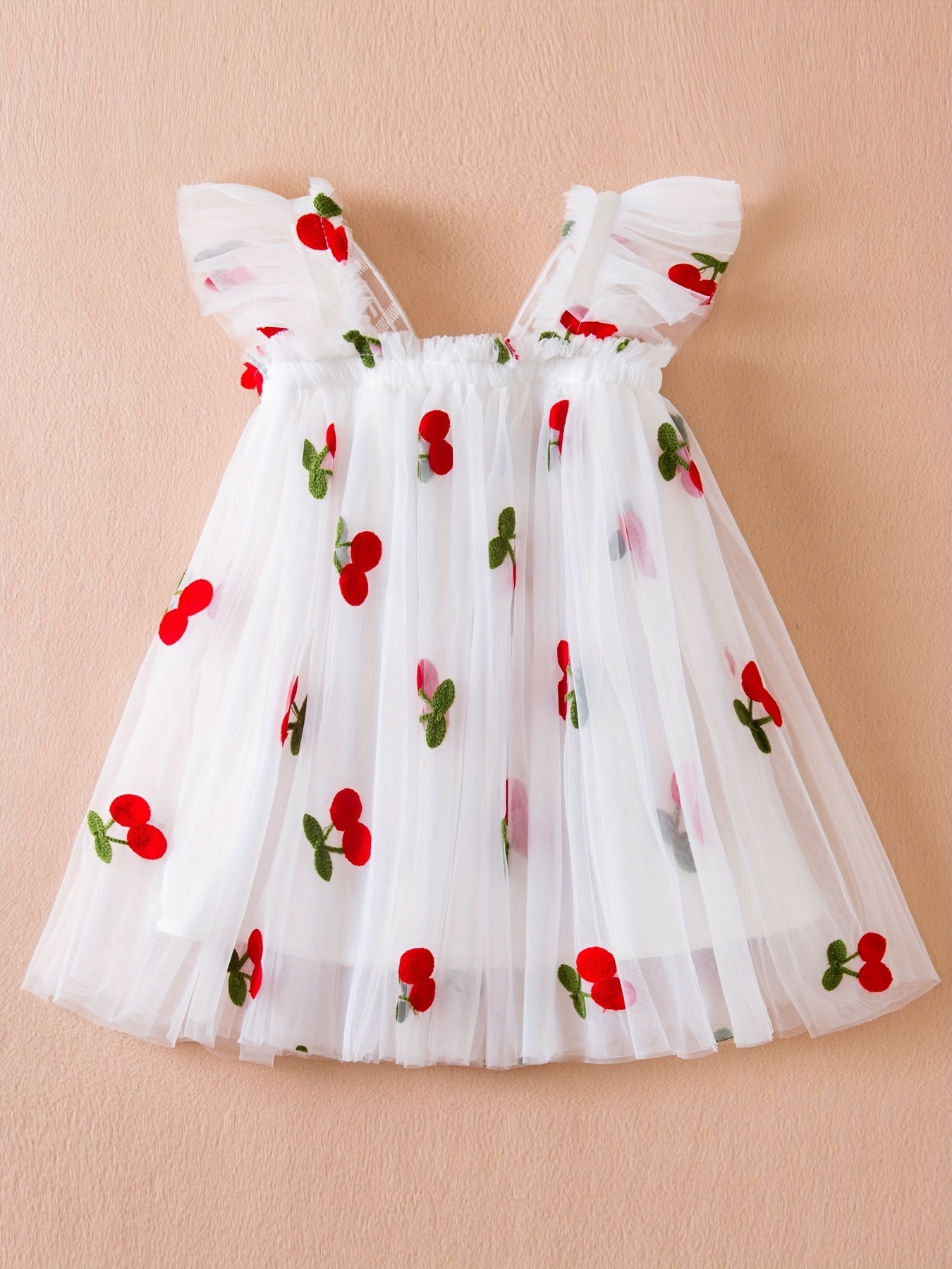 Girls Summer Dress Pink Cherry Embroidered Tulle Ruffled Sleeve Casual Lightweight Polyester