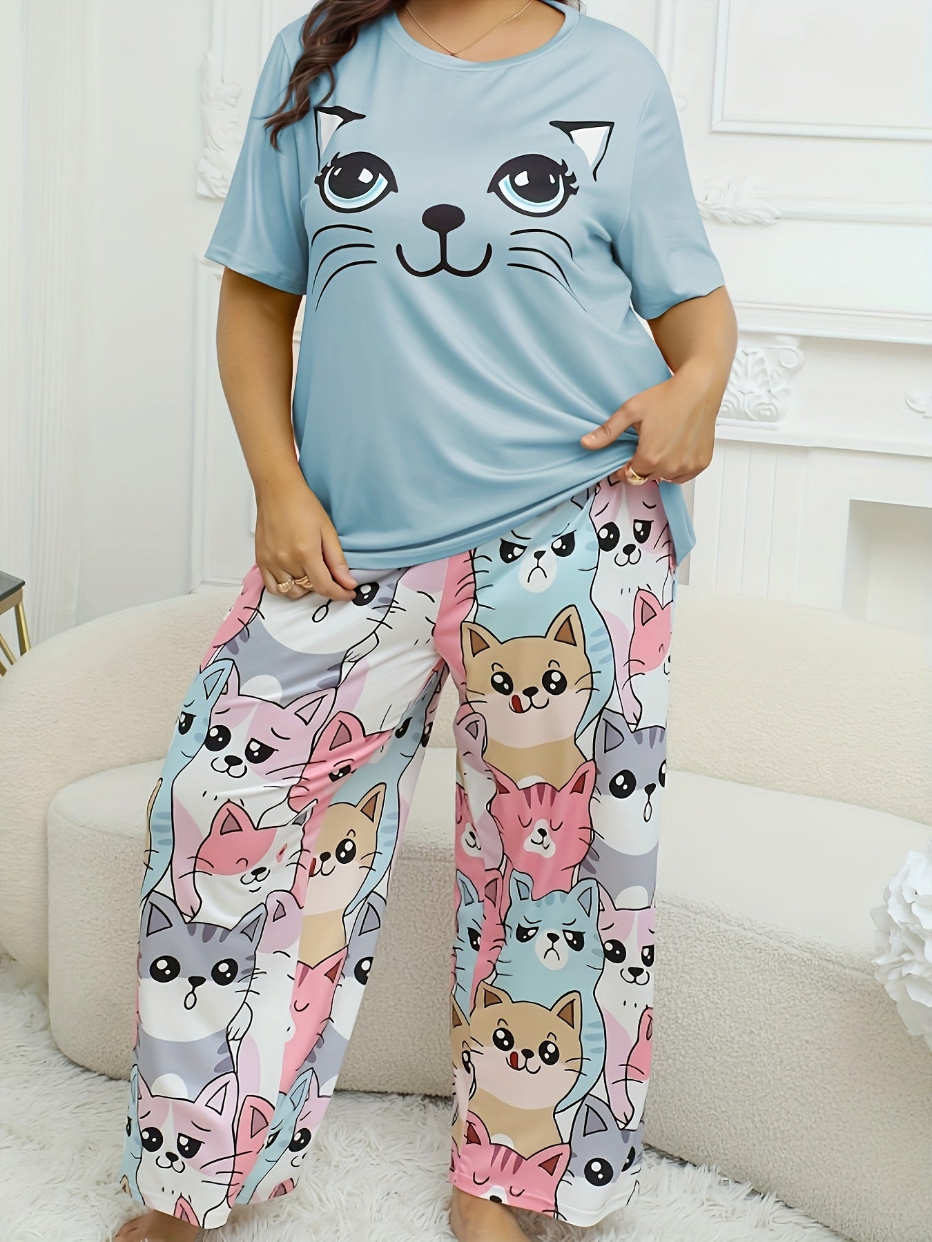 Women's Plus Size Cat Print Pajama Set Short Sleeve Long Pants Polyester Blend