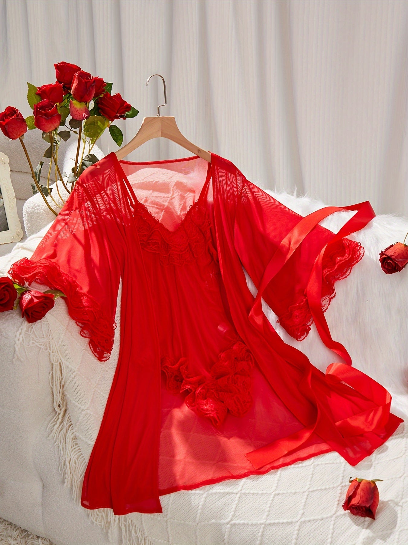 Women's Lace Lingerie Set with V-Neck Bodysuit and Robe