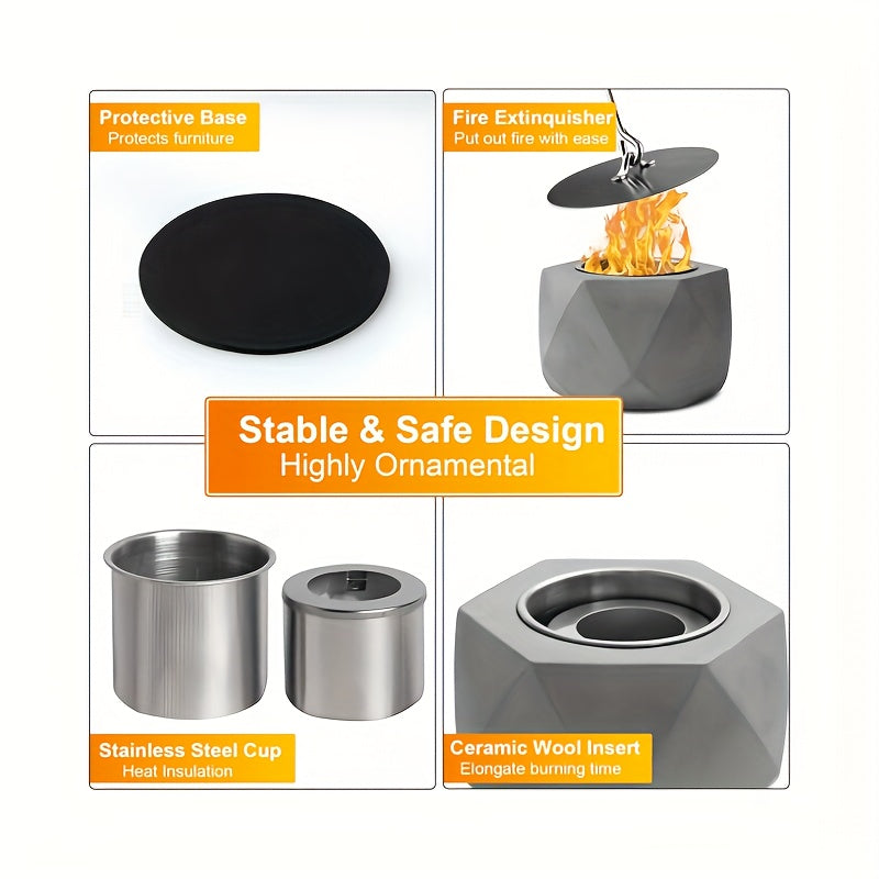 Portativ Mini Spirtli Yoqilg'i Yoqish Teshigi, Tutun chiqarmaydigan Beton Stol Ustiga, O't o'chiruvchi bilan birga - Ichki va Tashqi Bezash uchun Ideal, Qish uchun Ventilyatsiyalangan Metall Kamina