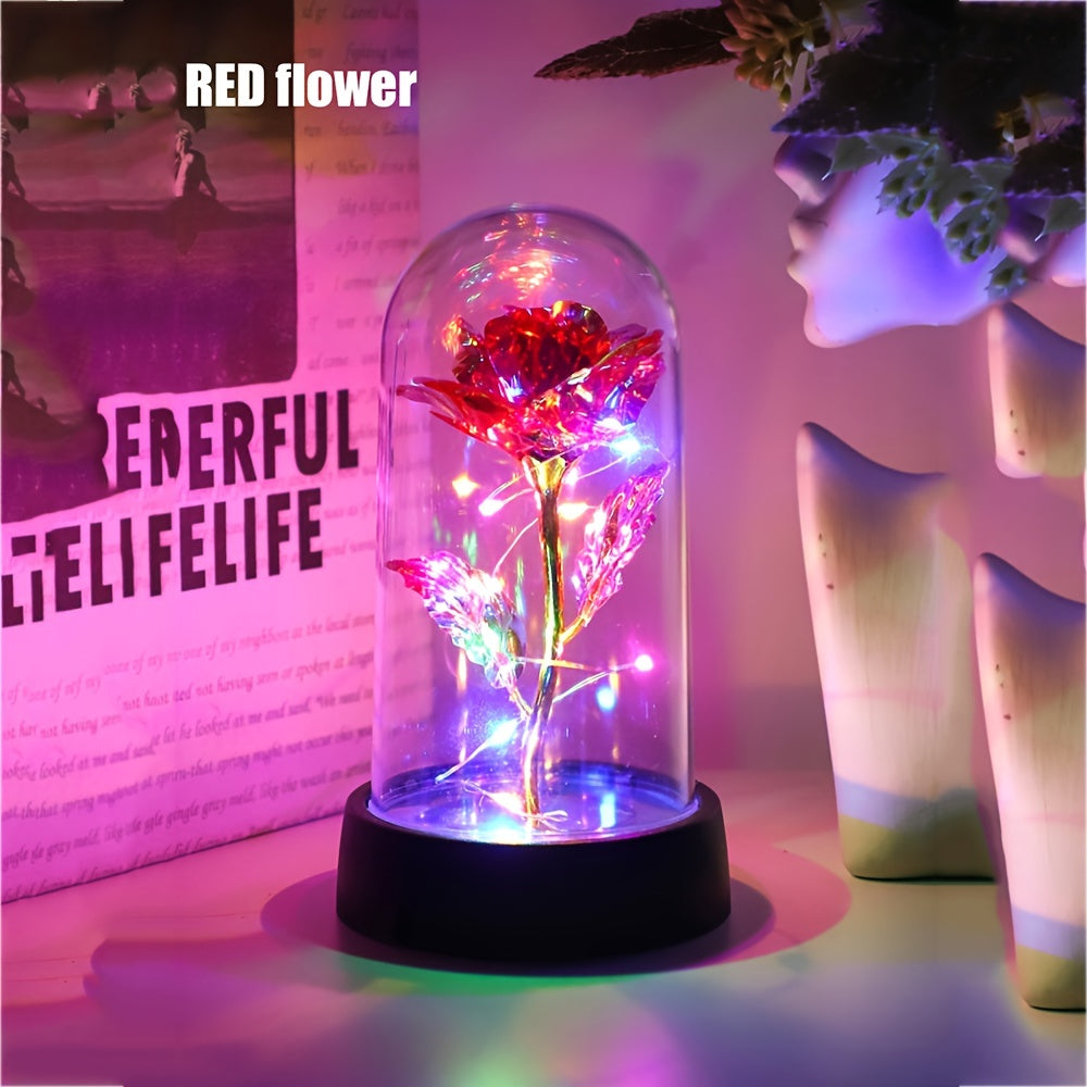 LED Night Light Rose in Glass Dome Pink or Yellow Flowers Battery Powered Gift for Valentine's Day Mother's Day Weddings