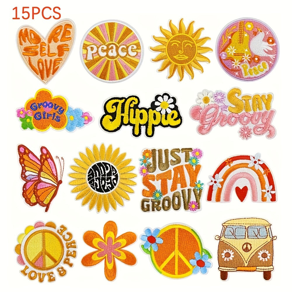 15 штук хиппи термопатчей, вышитые аппликации для шитья для ремонта и декорирования одежды на куртках, джинсах, штанах, платьях, рюкзаках и шляпах.