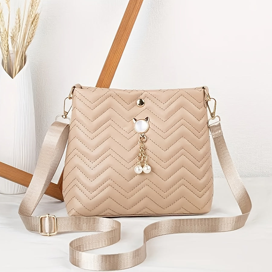 Women's Quilted Crossbody Bag with Chevron Pattern Pearl Pendant and Gold Accents in Multiple Colors