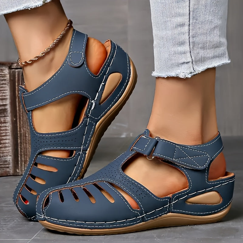 Women's Solid Color Faux Leather Sandals with Cut-Out Design and Cushioned Sole