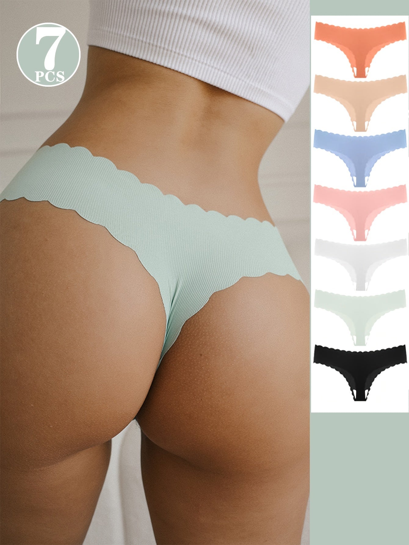 7-Pack Women's Low-Rise Nylon Elastane Thongs with Scalloped Detail and Quick-Dry Fabric