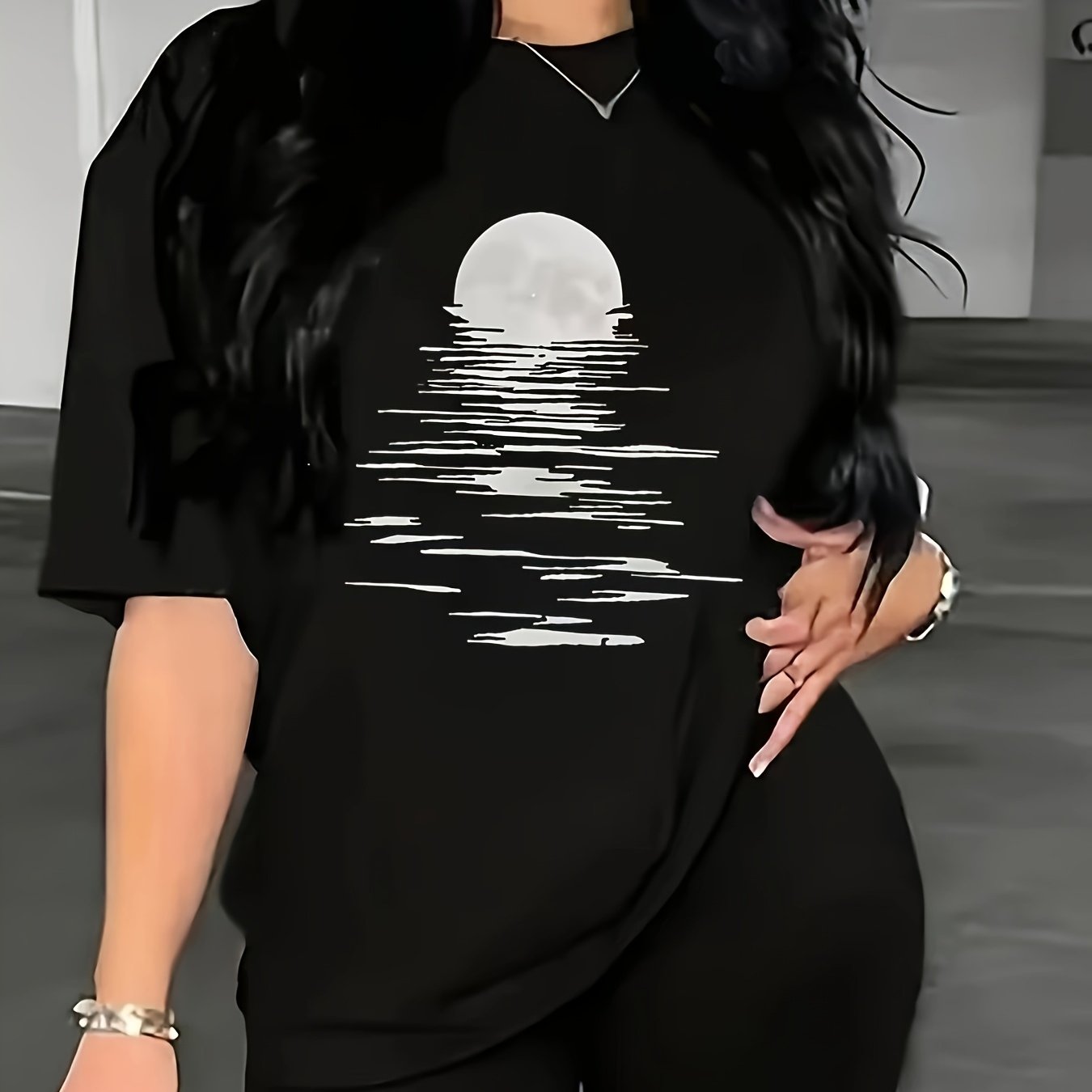 Plus Size Women's Geometric Moon Water Ripples Print T-Shirt Stretchy Short Sleeve