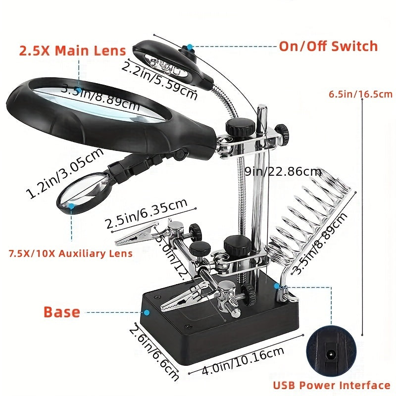 LED Lighted Magnifying Station with 2.5X 7.5X and 10X Magnification for Soldering Crafting and Jewelry