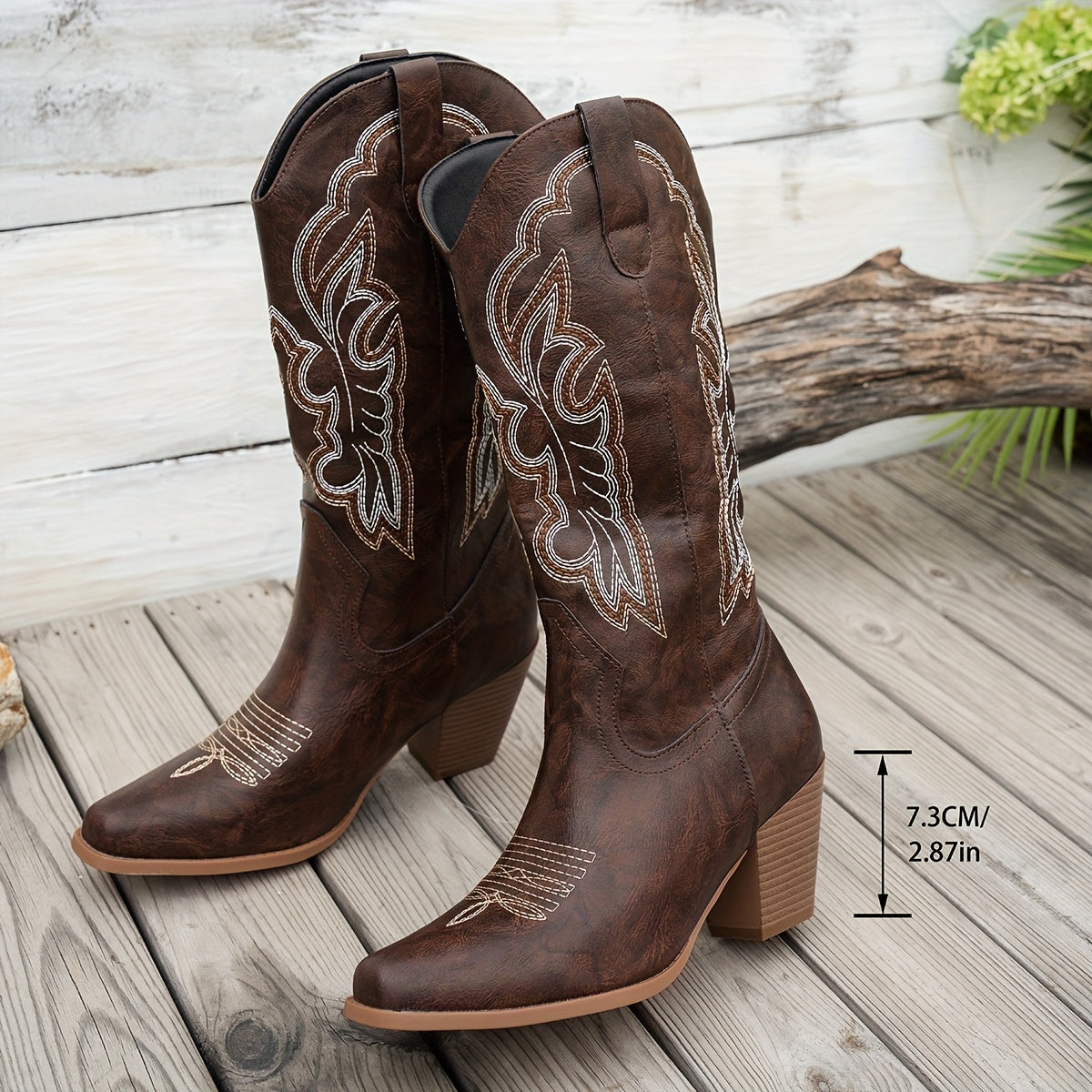 Women's Western Embroidered Faux Leather Cowboy Boots Square Toe Slip-On All-Season