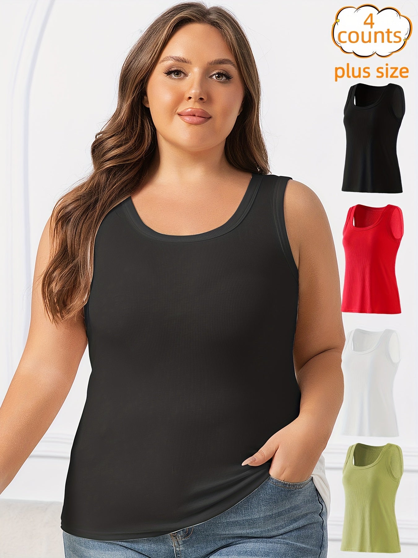 Women's Plus Size Sleeveless Tank Tops, Stretchy Loose Fit Casual Layering, Solid Colors
