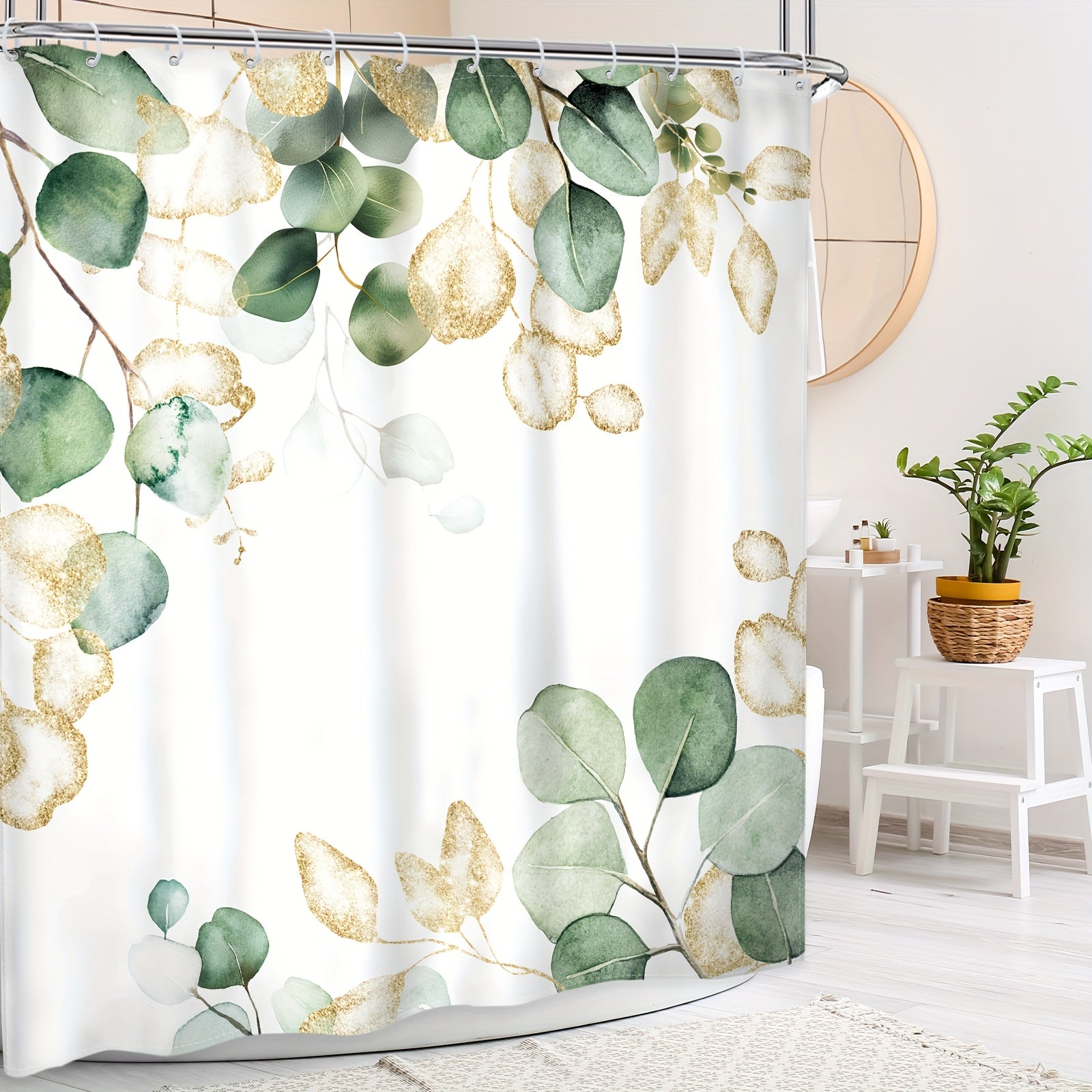Poliester eukalipt yaprog'i yashil o'simlikli dush pardasi hammom dekoratsiyasi uchun, suv o'tkazmaydigan va ajratish uchun. O'lchami: 70.87"×70.87"