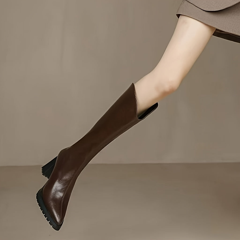 Women's Leather Ankle Boots Autumn Winter Pointed Toe Block Heels