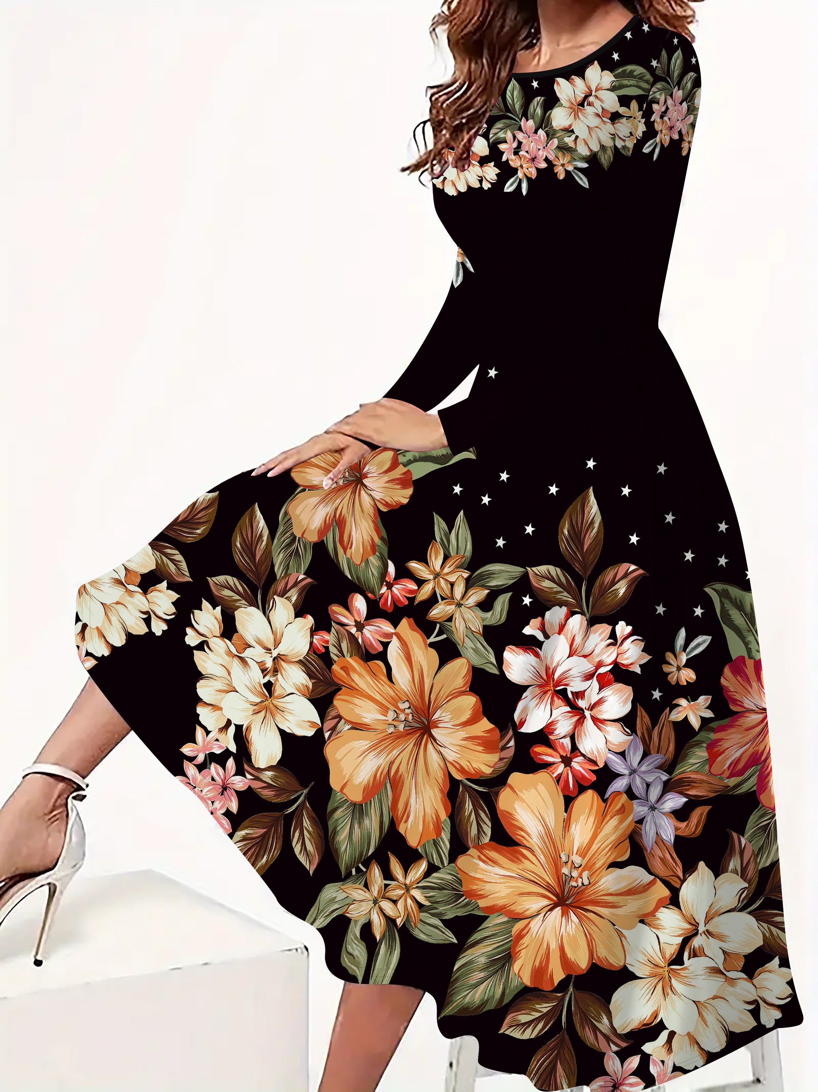 Women's Floral Fit and Flare Long Sleeve Dress Made from Stretchy Polyester