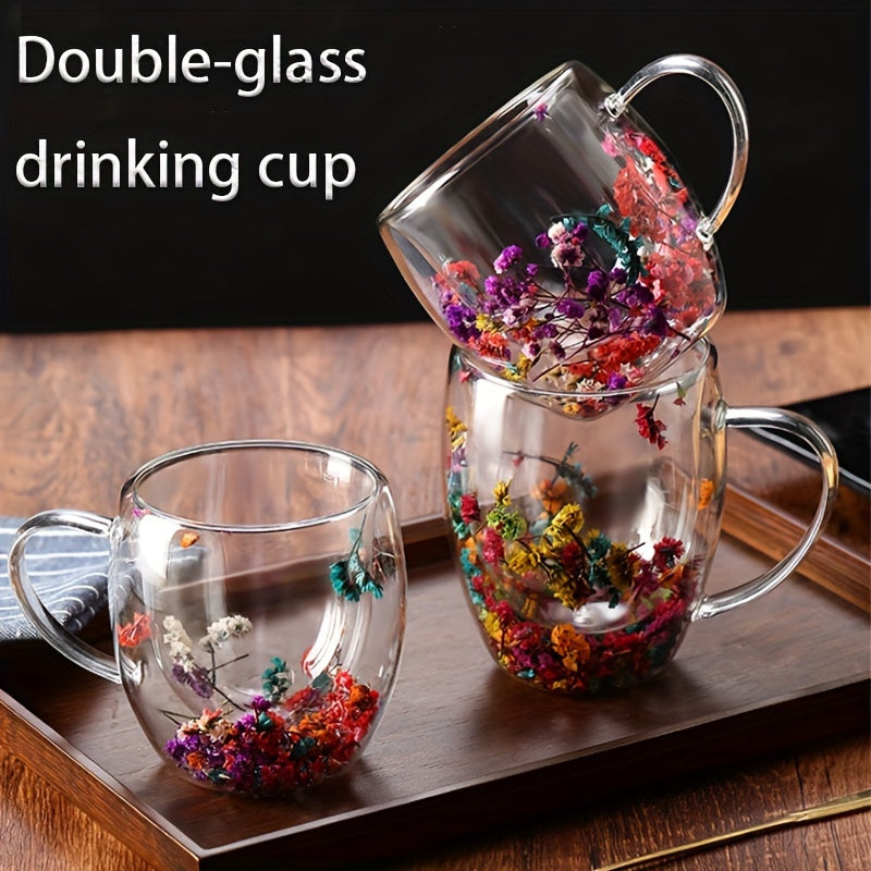 Double-Wall Glass Coffee Mug with Dry Flowers 250-350ml BPA-Free Hot Cold Drink