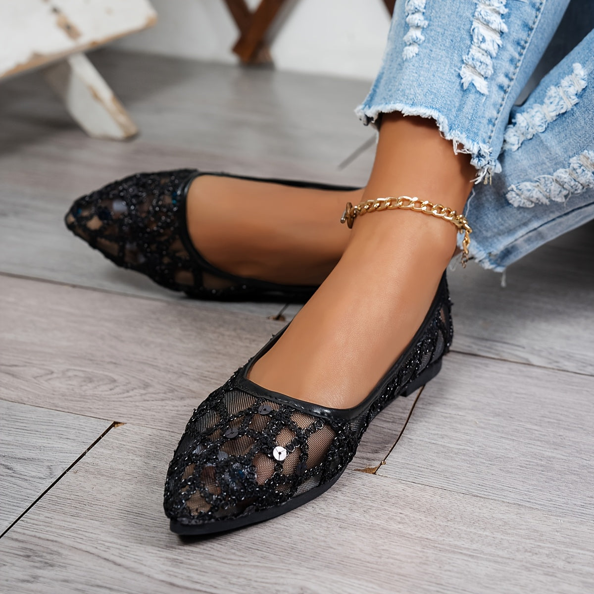 Ayollar uchun tarmoq balet tuflari, shampanli qimmatbaho toshlar bilan, nuqtali barmoqli, osongina kiyinadigan, partiyali va kundalik kiyim uchun