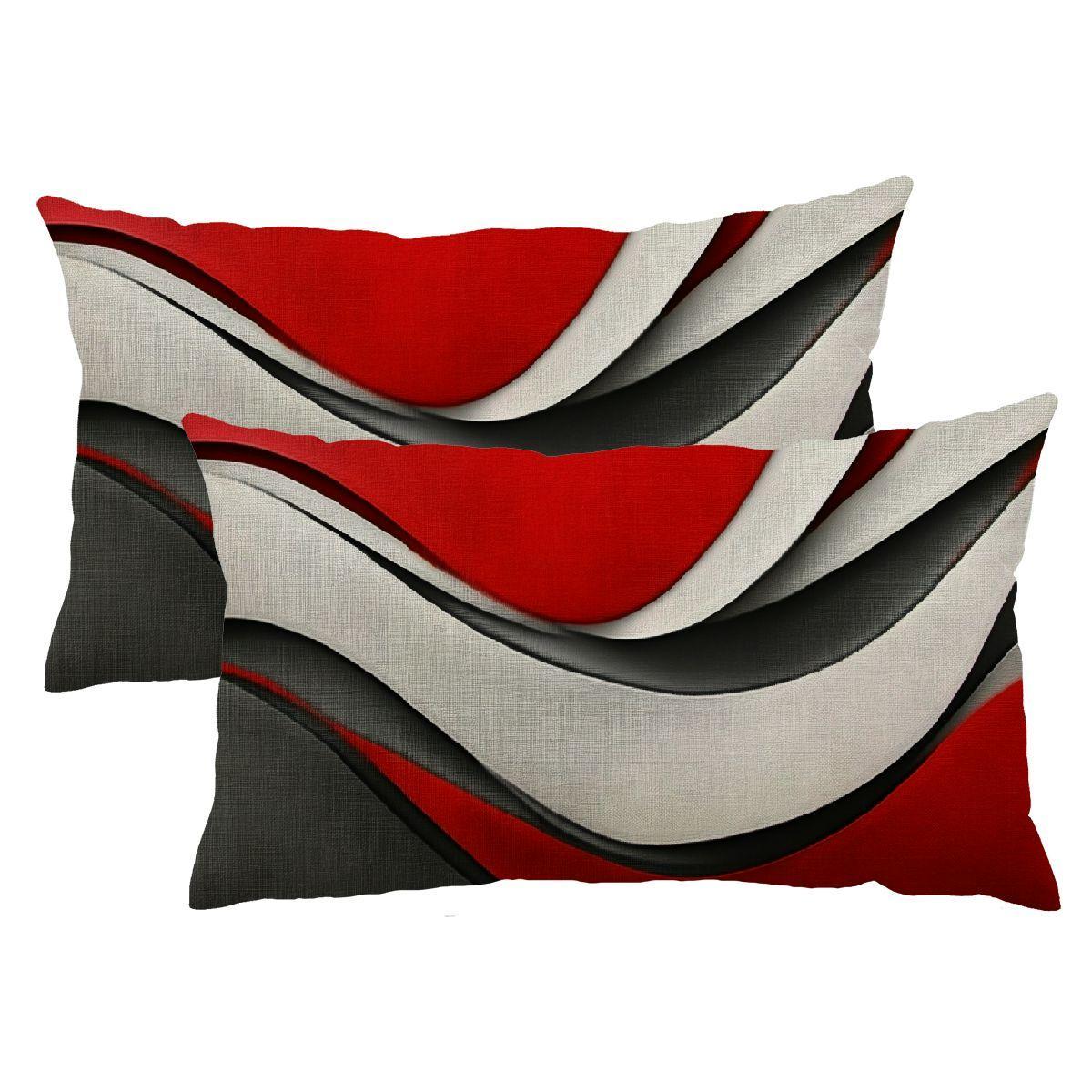 Set of 2 Abstract Rectangular Pillowcases with Geometric Lines, Red White Grey, 30x50 cm