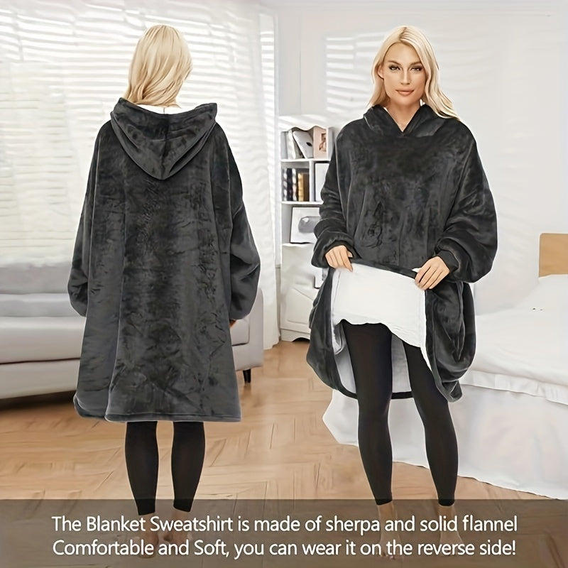 Black Flannel Hooded Blanket Reversible Large Pocket Cozy Indoor Outdoor