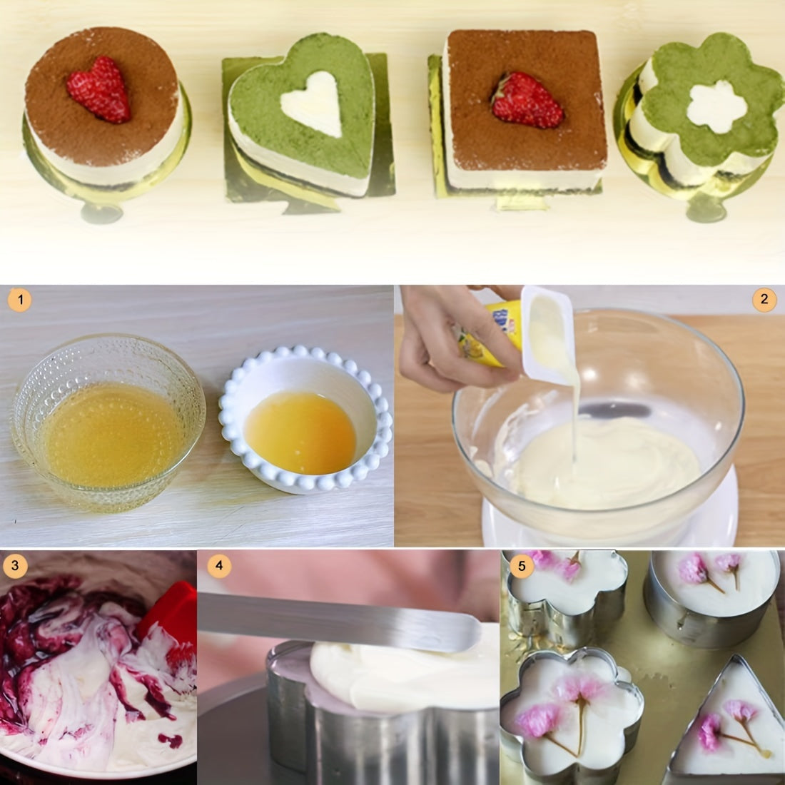 Stainless Steel Cake Mold Set with Push Plate Circular Heart Flower Shapes for Cheesecakes Pastries Cookies