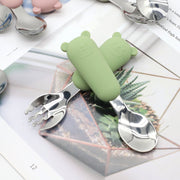 Baby Feeding Utensils Set Silicone and Stainless Steel Bear Shape for Babies Red Blue