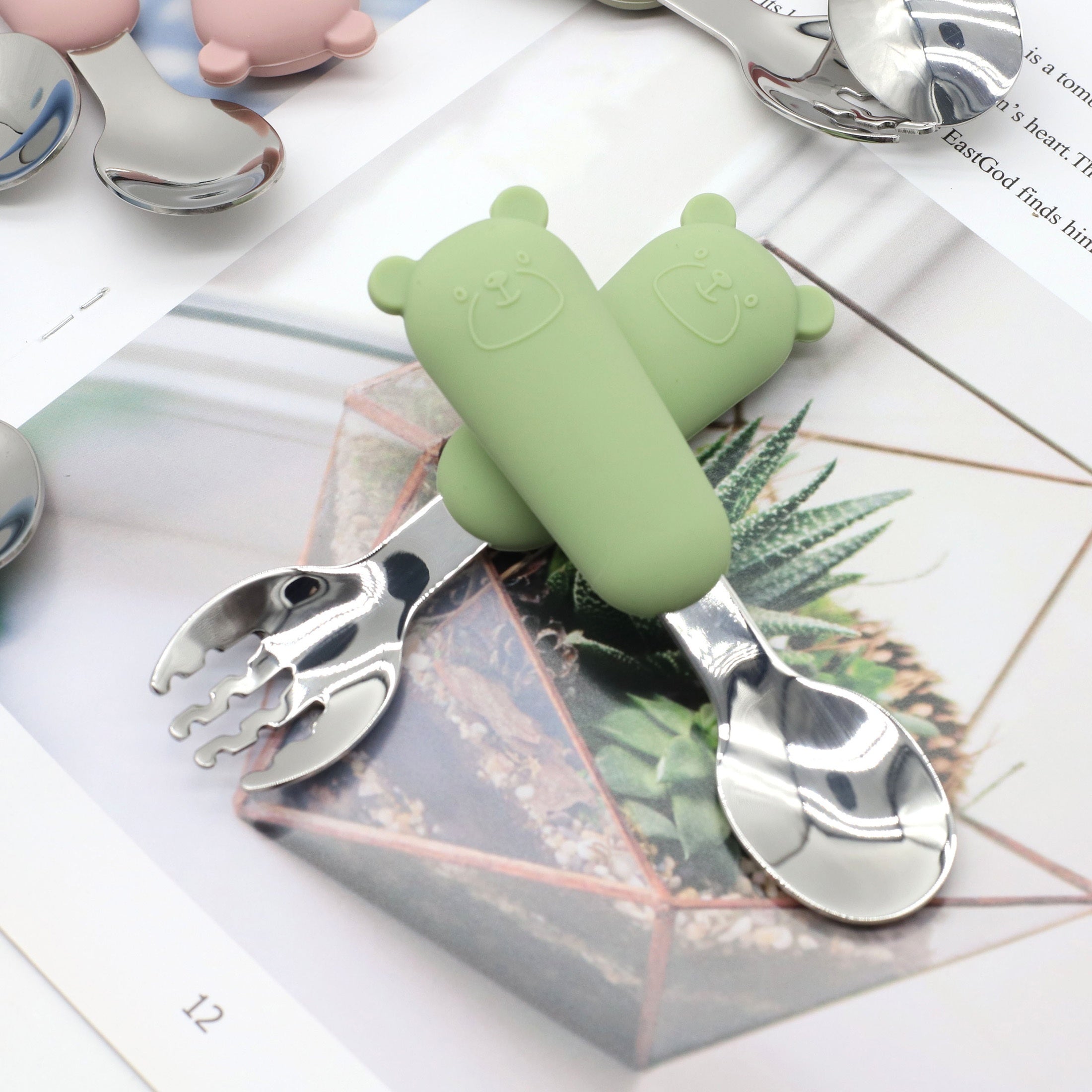 Baby Feeding Utensils Set Silicone and Stainless Steel Bear Shape for Babies Red Blue