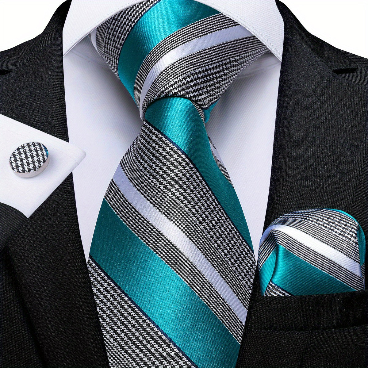 Men's Striped Necktie Set with Handkerchief and Cufflinks for Weddings and Business