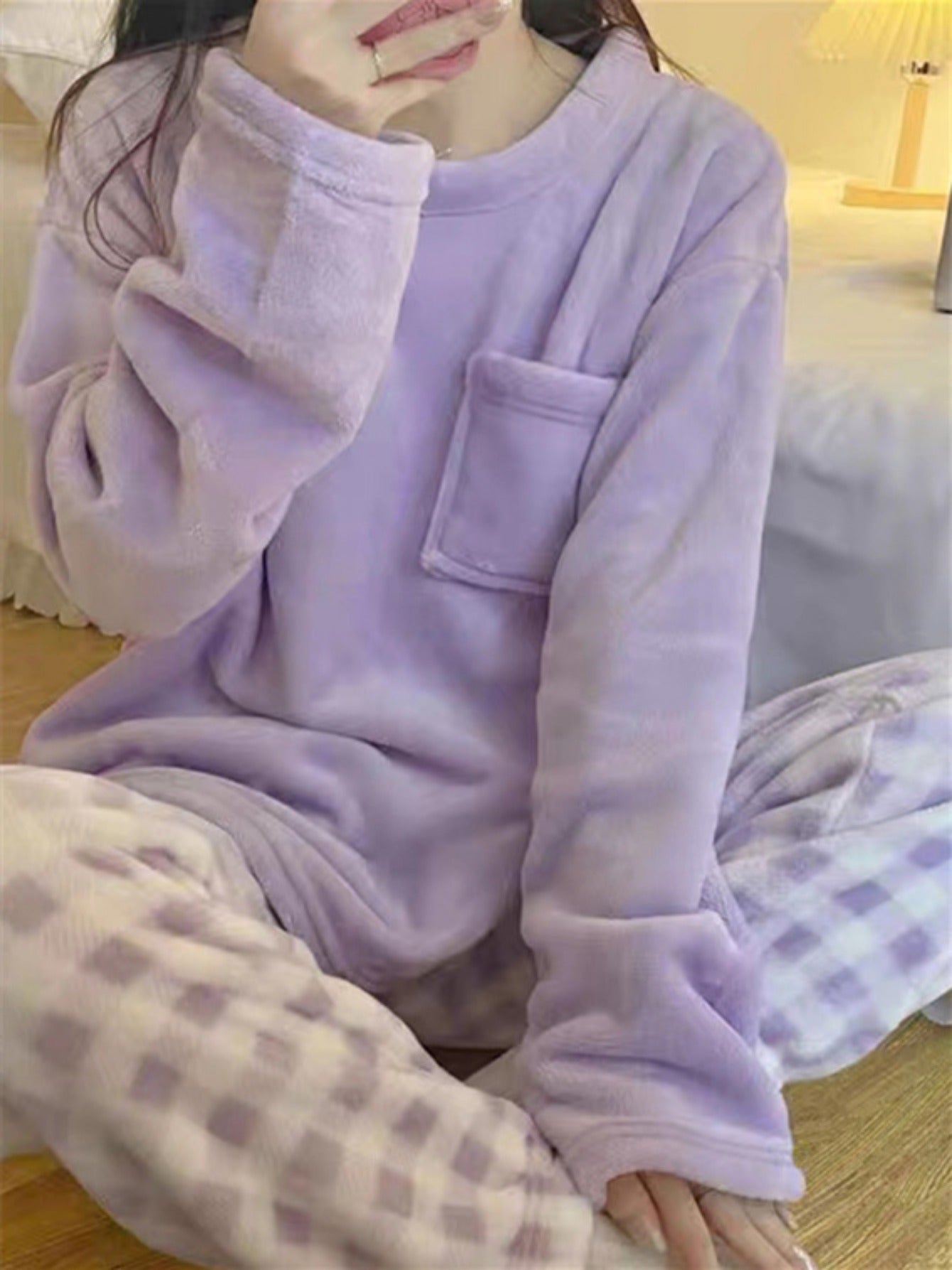 Plus Size Winter Fleece Pajama Set Women Plaid Sleepwear Loungewear