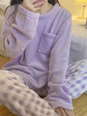 Plus Size Winter Fleece Pajama Set Women Plaid Sleepwear Loungewear