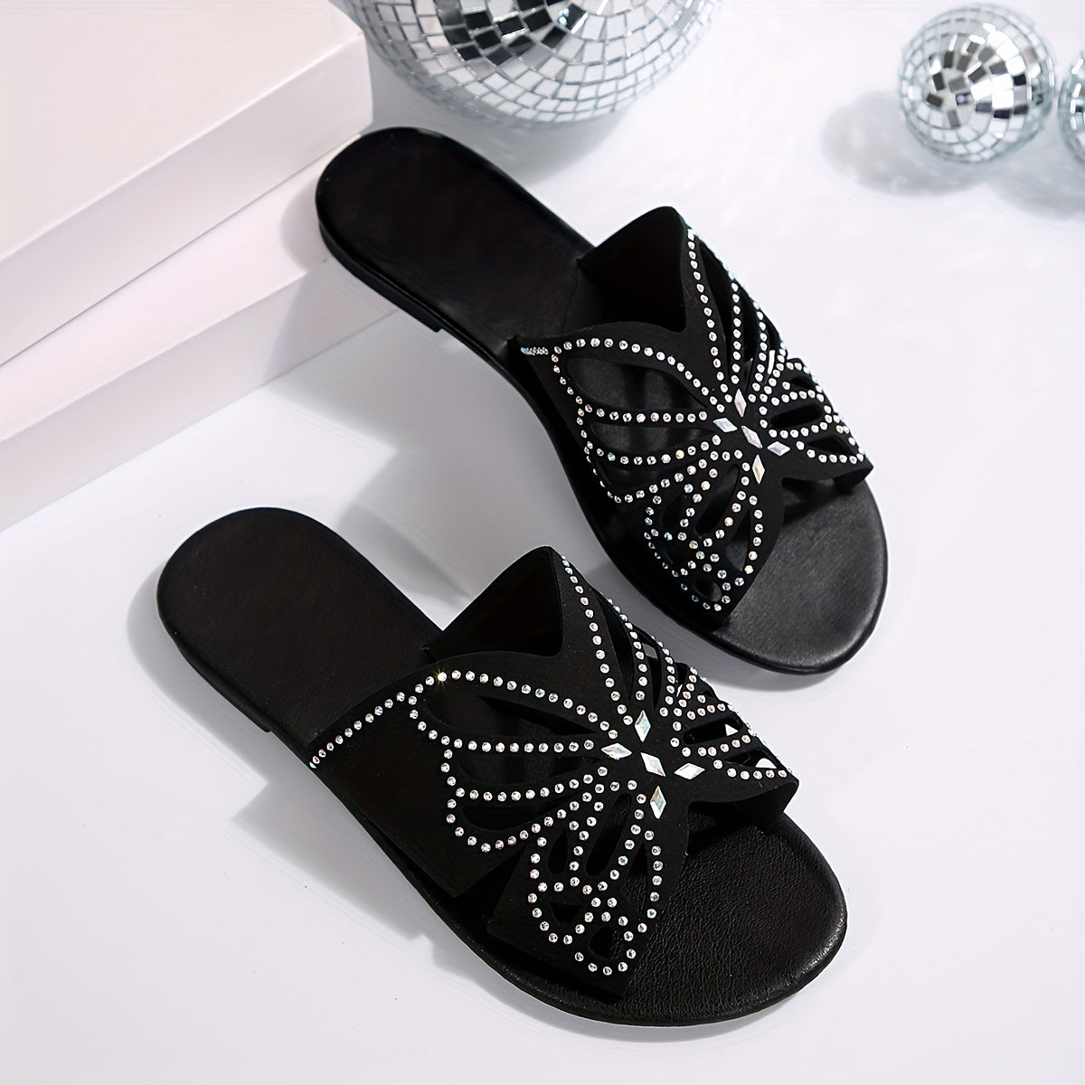 Women's Rhinestone Butterfly Slide Sandals Open Toe Flat Heel Non-Washable