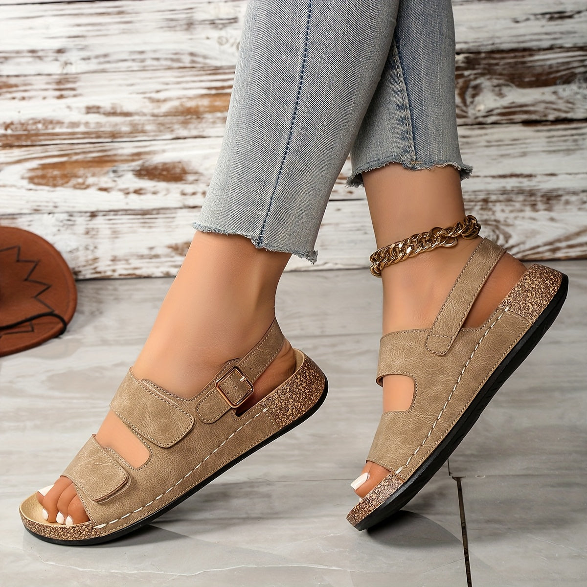 Women's Summer Sandals Open Toe Cushioned Dark Blue Cork Strappy