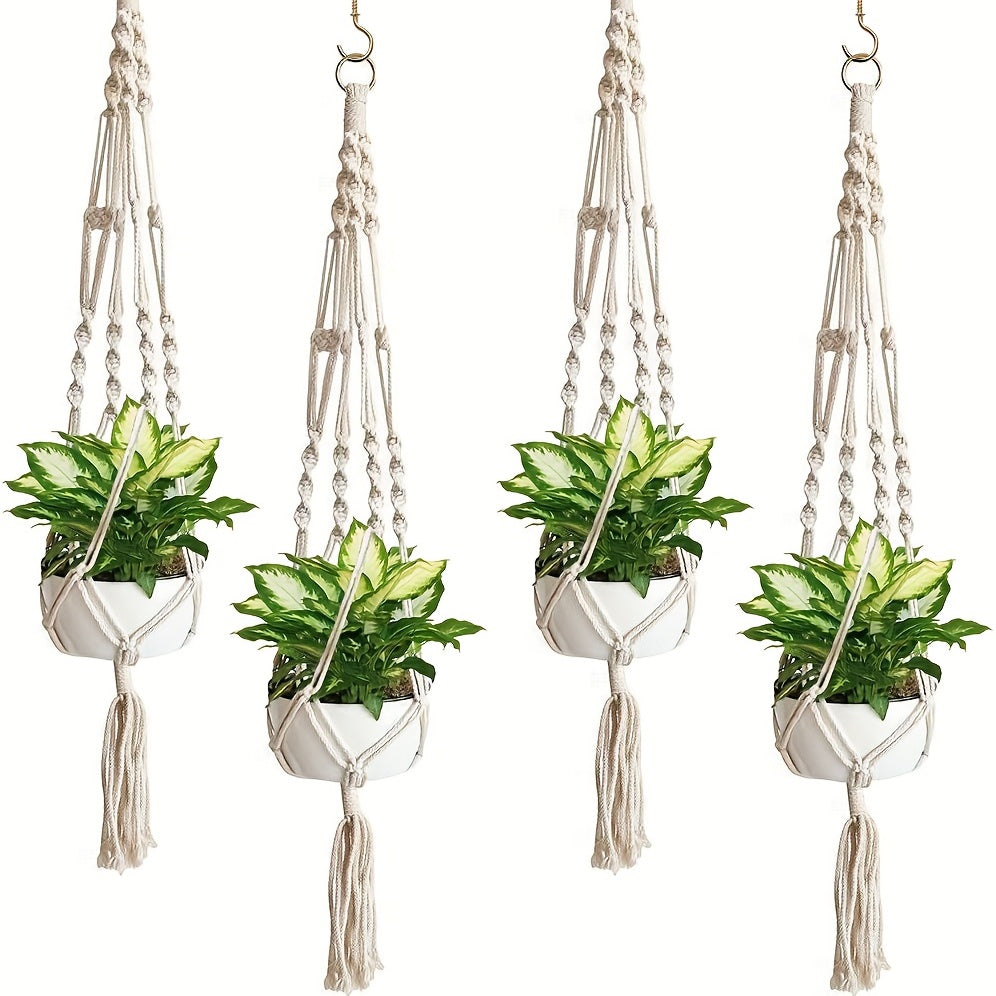 4-Piece Indoor Outdoor Hanging Planter Rope Rack Boho Woven Basket Plant Organizer
