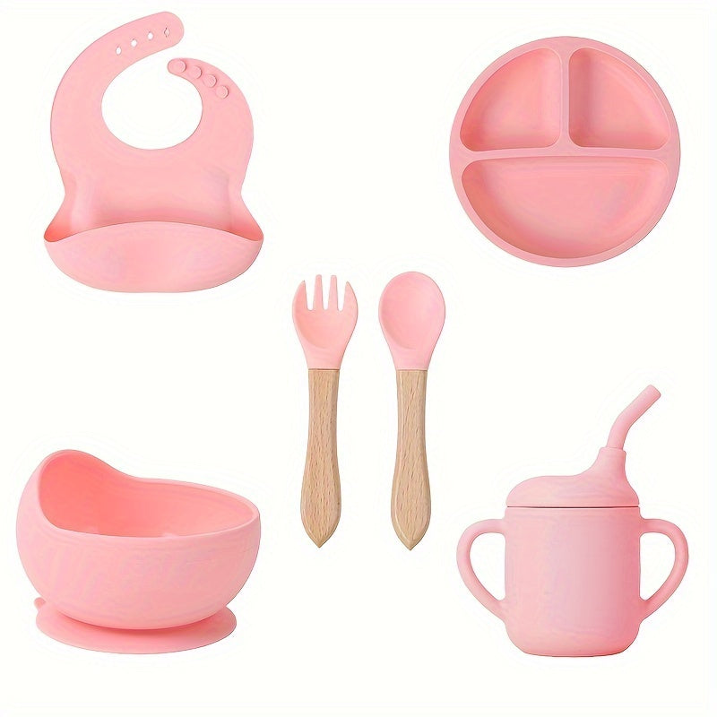 Baby Feeding Set 6 Pieces Silicone Includes Suction Bowl Divided Plate Spoon Fork Sippy Cup Bib