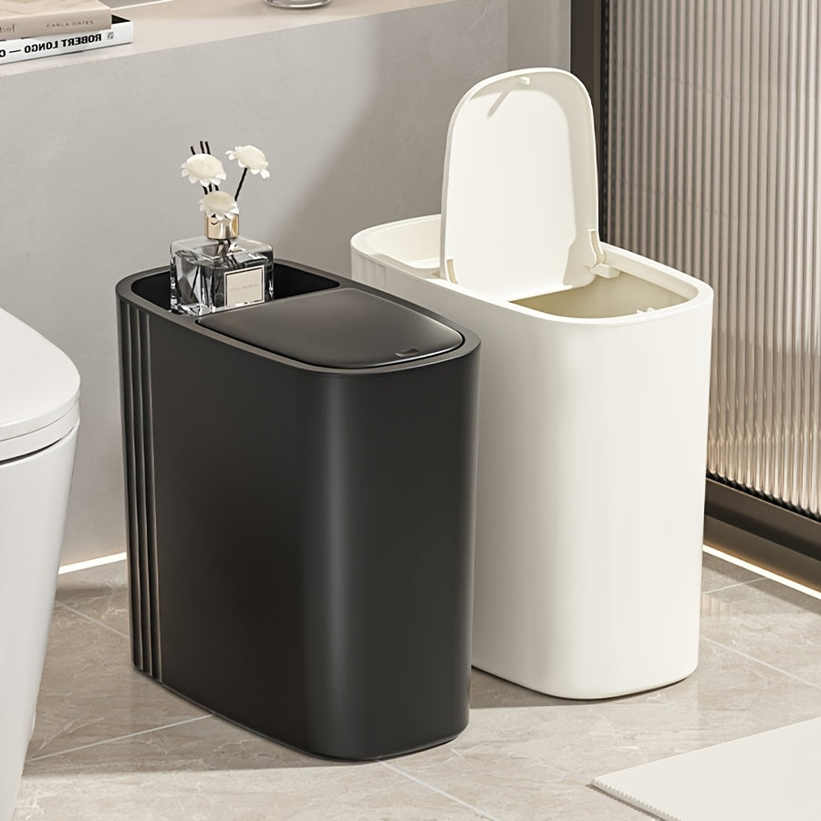 1 ta yupqa qora/oq axlat qutisi, bosish bilan ochiladigan qopqog' bilan, katta sig'imli, chiziqli dizayn, oshxona, yotoqxona, hammom uchun ideal - joyni tejovchi oval shakl, qulay qora rangli axlat qutisi