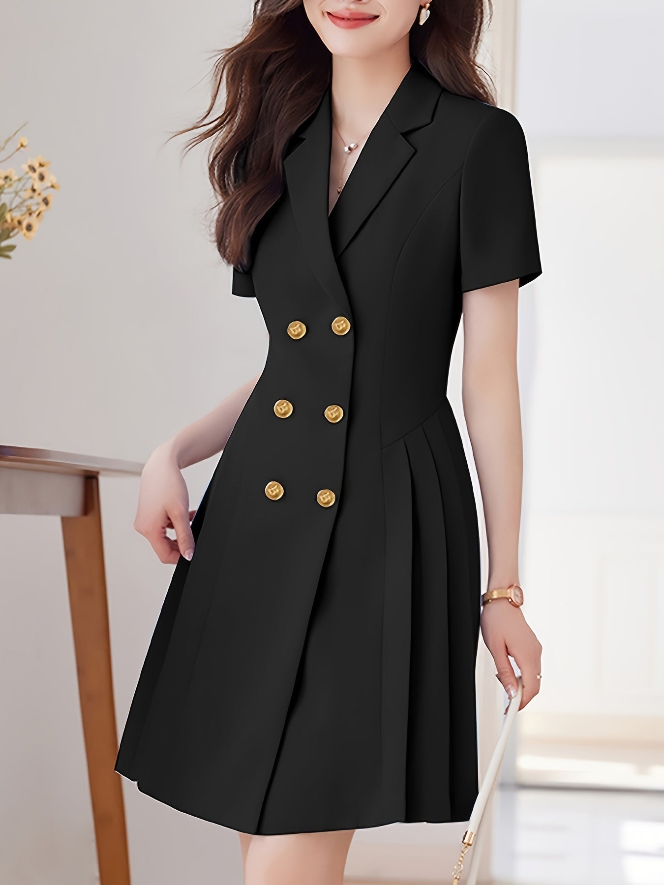 Plus Size Women's Double-Breasted Suit Dress Elegant Stylish Black