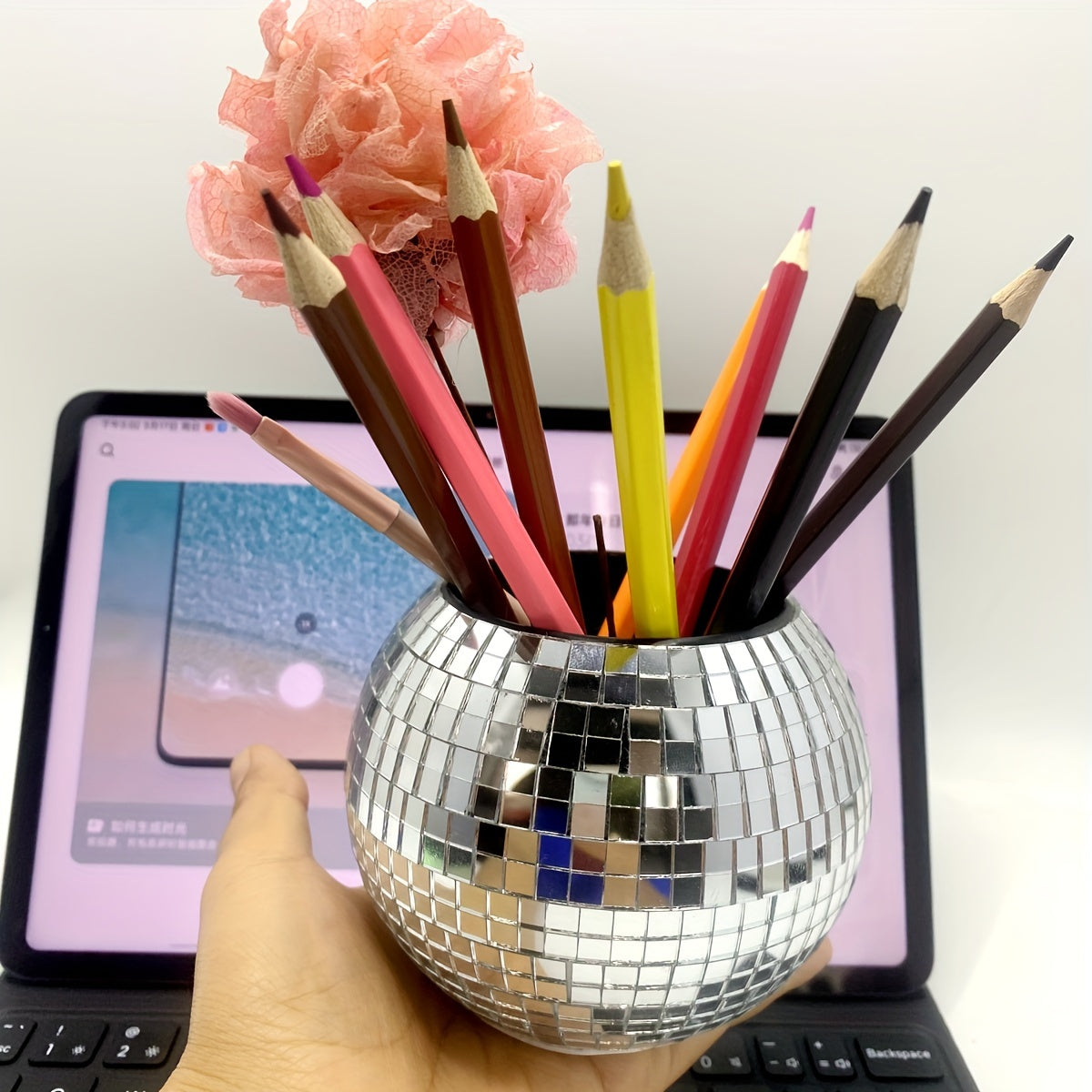 Mini Disco Ball Planter and Desk Organizer for Pens and Makeup Plastic Polished