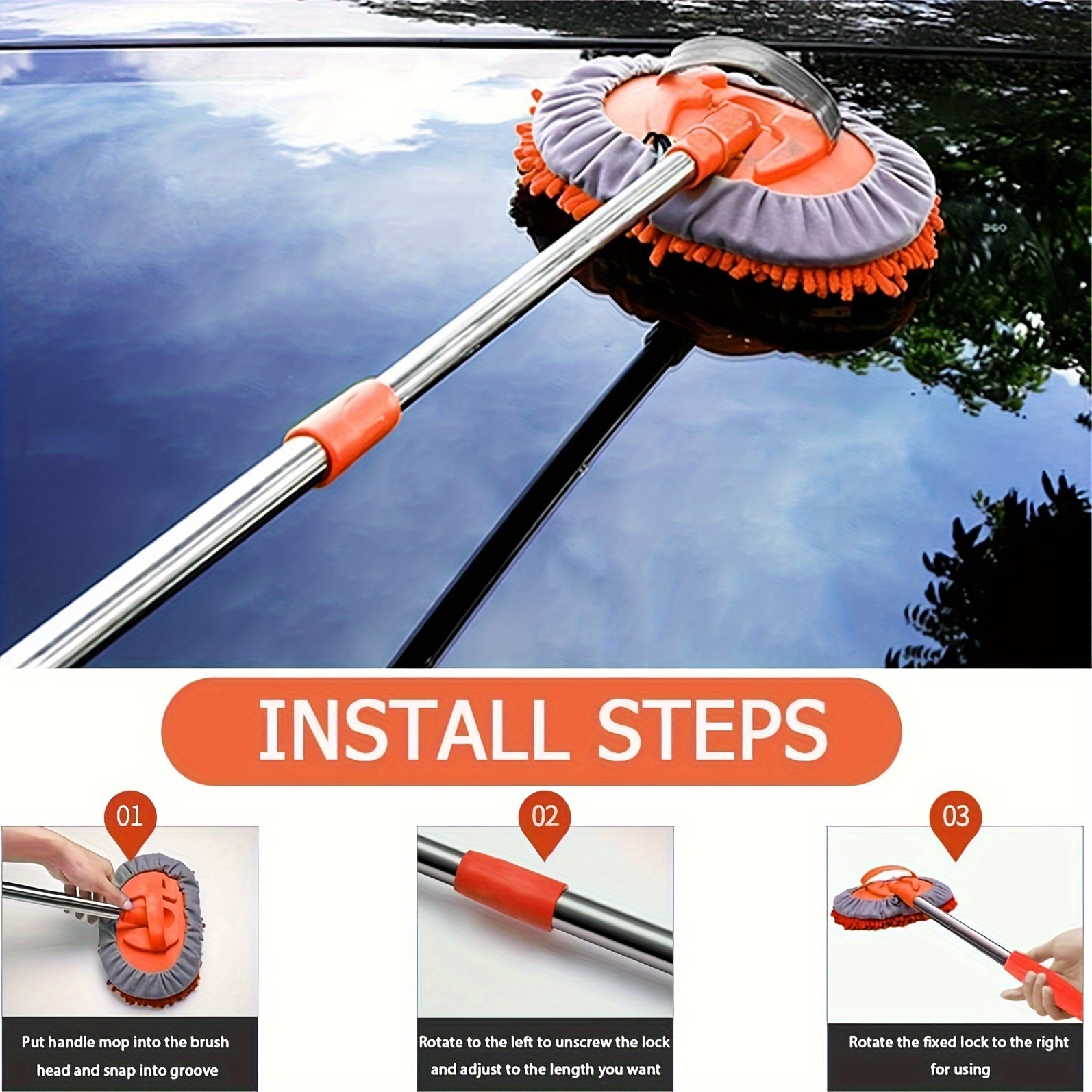 120.65cm Microfiber Car Wash Brush Set Long Handle 2-in-1 for Cars Trucks SUVs Boats