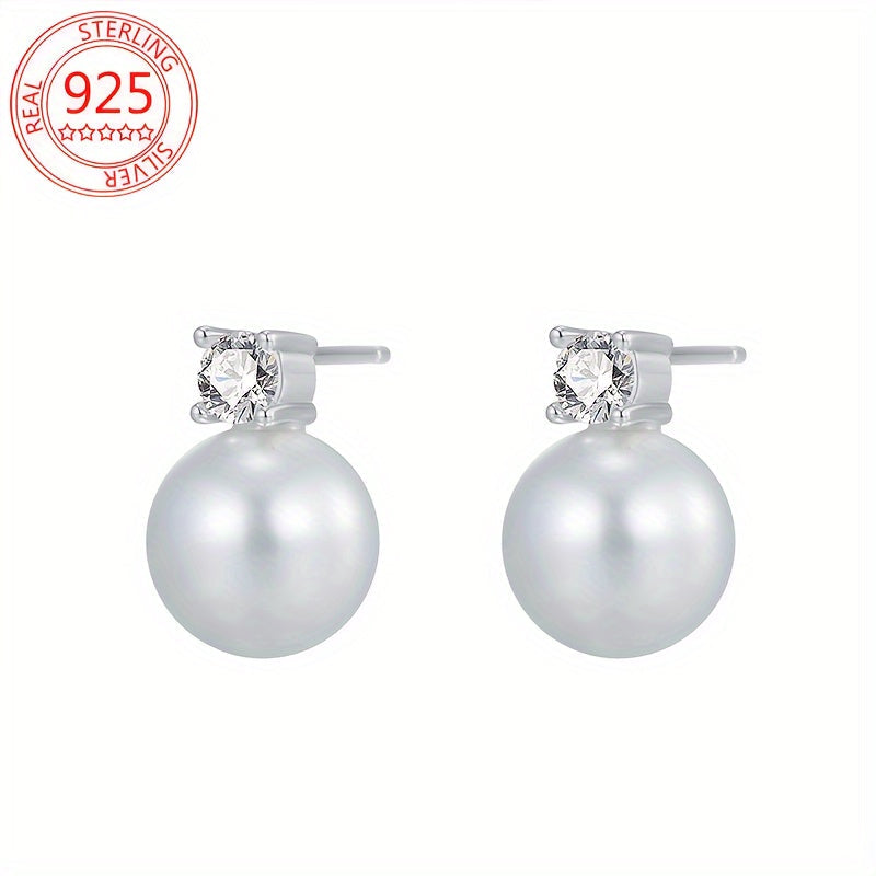 Sterling Silver Stud Earrings with Moissanite and Freshwater Pearl for Women