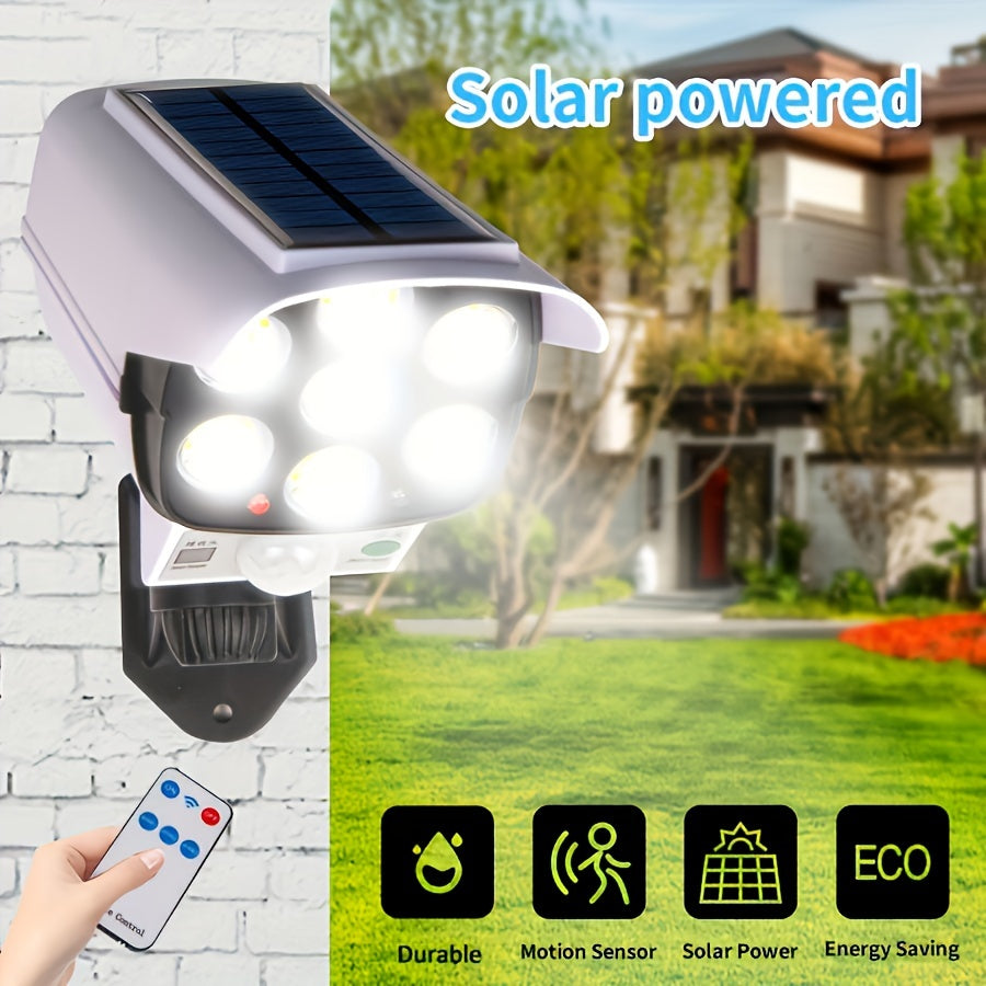 Luces solares exteriores con sensor de movimiento, control remoto y cámara de seguridad simulada, reflectores LED 77 para jardín, porche y entrada