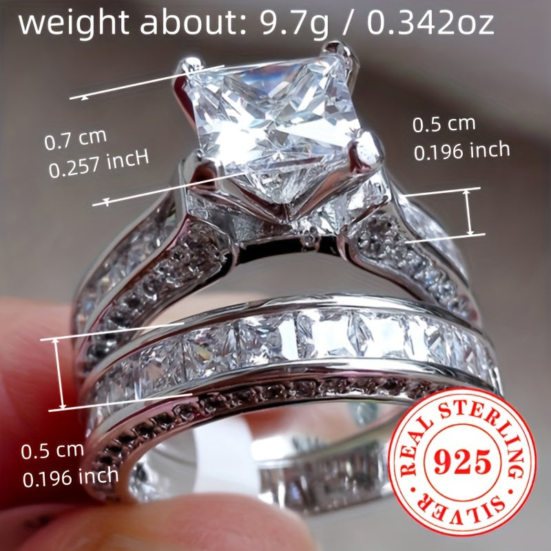 Sterling Silver Bridal Ring Set for Women Square-Cut Cubic Zirconia Engagement Wedding Jewelry